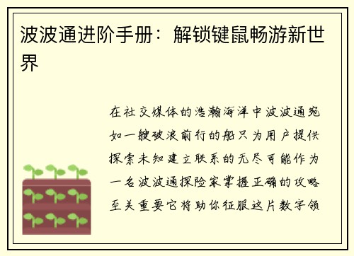 波波通进阶手册：解锁键鼠畅游新世界